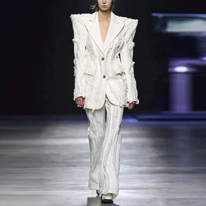 New Fashion White Tassel Denim Jacket Jeans Women'S Set Long Sleeved Shoulder Pad Design Coat Long Pants Cowboy Suit