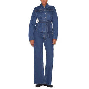 Women's Long Sleeve Belted Jacket Flared Jeans Two Piece Outfit Classic Blue Button Front Lapel Collar Waist Cinching Denim Set