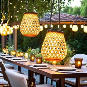 Hanging Lantern Bamboo Weaving Table Lamps Garden Yard Patio Decor Vintage Solar Lights