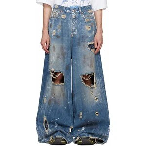 Fashion Design OEM ODM High Quality Custom Blue Plus Size Big Wide-leg Baggy Ripped Jeans Denim Pants for Men