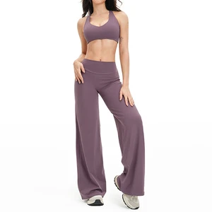Solid Plus Size Lightweight Breathable 2-Piece Yoga Set Tight-Fitting Wide-Leg Casual Sports Suit Elastic Waist Leggings Set