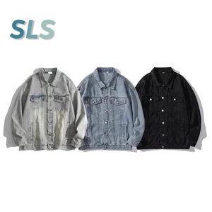 Wholesale Men's American Vintage Jacket Spring and Autumn Distress Denim Coat Oversized Multi-Pocket Cargo Casual Jean Jacket