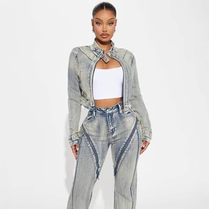 Zipper Denim Jacket Suit Women's Pants Women Sets
