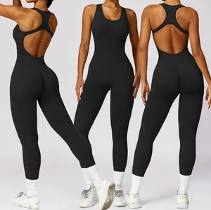 Women Yoga Jumpsuits Slim Gym One Piece Breathable Yoga Onesie Seamless Workout Ribbed Sleeveless Sport Jumpsuits
