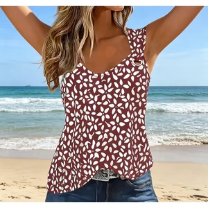 Plus Size Women's Wave Point Print Sleeveless Tank Top U-Neck Metal Ring Detail Loose Casual Summer Daily Wear Vest