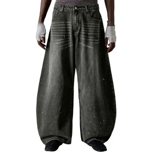 Men's Oversized Black Denim Jeans with White Stripe & Paint Splatter Customized Baggy Trousers