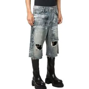 Custom Men's Baggy Denim Jean Shorts Cute Style Straight Jorts with Mid Waist Ripped and Distressed for Summer