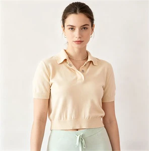 Women's BCI Cotton Knit Polo Shirt Short Sleeve Cropped Top