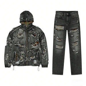 DiZNEW 2025 Men's Winter Denim Jean Jacket Unique Stylish Design Torn Hole Effect High-quality Denim Jacket Paired Jeans Set