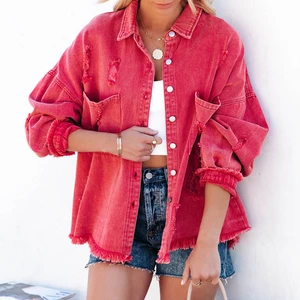 Women's Vintage Street Style Long Sleeve Denim Jacket Hot Sale Wholesale Yellow Fringed Washed Shacket with Raw Edge Torn Look