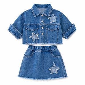 Chic Girls 2pcs Denim Set Cropped Short Sleeve Jacket & A-line Skirt Frayed Raw Hem Distressed Star Patchwork Kids Outfit