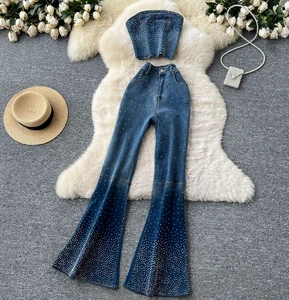 Women's Denim Sets Sequined Ladies' Denim Suit Sleeveless Racerback Top & High-Waisted Flared Pants Fashionable