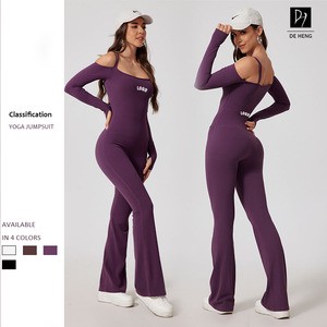 Female Long Sleeve Strap Of The Shoulder Slim Fit Hip Lift Breathable Wide Leg Flared Pants Jumpsuit