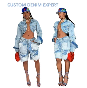 New Design Distressed Washed Spring Summer Women Denim Jacket Sets Ladies Long Sleeve And Jean Shorts Sets Wholesale
