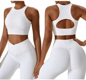 Ribbed Halter Solid Short Sports Bra for Women Yoga Crop Top Seamless Fitness Tops Removable Pads Gym Workout Vest Underwear