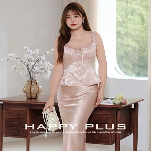 Happy Plus Vintage Strapless Satin Camisole Plus Size Women's Blouse Backless Solid Color Elegant Vest Style Top