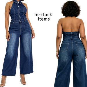 Wide Leg Denim Jumpsuit Women Halter Neck Sexy Backless Button Down Overalls Trendy Lapel One-Piece Jean Outfit