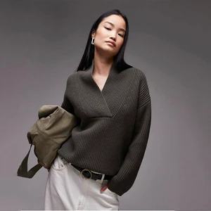 Women Knitted Sweater Pullover V-Neck Black White Wool Casual Autumn Winter Loungewear Tops Interwoven Knitwear