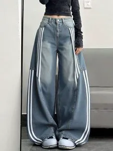 Women's Retro Side Stripe Wide Leg Jeans High Waist Loose Denim Pants Casual Streetwear Trousers