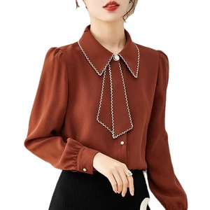 Women Spring 2023 New Office Lady Shirts Bow Doll Collar Tops Elegant Chiffon Blouse Loose Korean Chic Long Sleeve Casual Shirts