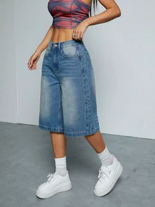 Women's Straight-Leg Denim Shorts Washed with Frayed Edges Distressed Dark Blue Straight-Leg Loose Mid-Rise Pants