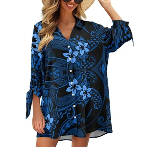 Trendy Polynesian Tropical Design Button Down Swim Cover up Shirt Sexy Half Sleeve Beach Blouse Bathing Suit Cover Ups for Women