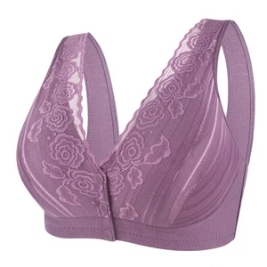 Women's Summer New Lace Bra Wire-Free Breathable Buckle Front Wide Shoulder Strap Vest in Large Size for Middle-aged Elderly