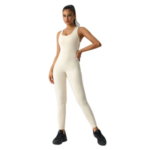 Women Yoga Jumpsuit Open Back Racerback Built-in Bra Breathable Four-Way Stretch Butt Lifting Ankle-Length Sleeveless One Piece