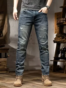 New Ripped Jeans for Men Korean Style Washed Trendy Stretch Slim Fit Casual Skinny Long Pants for Men