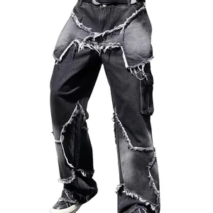 Custom Plus Size Men's Fashion Baggy Denim Jeans Daily Casual Straight Style Distressed Patched Solid Streetwear Friendly