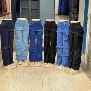 Women's Casual Vintage Denim Jeans with Mid Waist Button Decoration and Multi-Pockets Long Pants for Summer-Wholesale