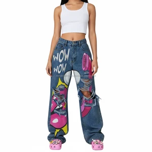 New Arrival Breathable Y2K Star Print Mid Waist Wide Leg Loose Streetwear Summer Autumn Women's Retro Denim Cargo Hip Hop Casual