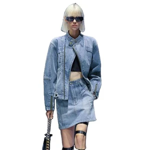 Bufa Custom Denim Outfits Zippered Blue Color Come Together Cool Denim Jacket and Mini Denim Skirt Set for Women
