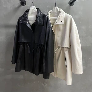 Jxwatcher Fashion Elegant Warm Soft Genuine Leather Coat Zipper Long Sleeves Custom Logo Women Real Leather Jackets Fall 2026