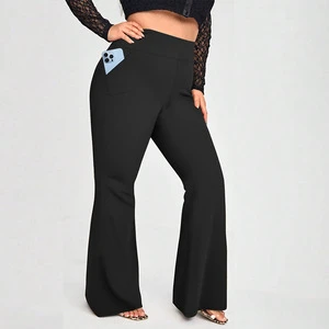High-Waist Yoga Pants Frayed Edges Pockets 1XL-5XL Plus Size Solid Pattern High Elasticity Casual Flared Leggings Logo Waist