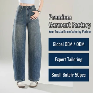 Pantalon Casual Fashion Mid Rise Banana Curved Wide Leg Denim Loose Fit Washed Daily Bottoms