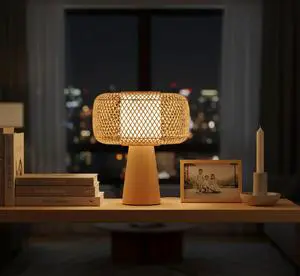 Rattan Woven Table Lamp 28cm Natural Bamboo Shade Wooden Base Boho Home Decor Lighting Supplier