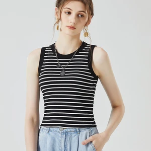 Women's Casual Summer Tank Top Thin Striped Padded Cropped Camisole Wide Strap Built-In Bra Short Slim Fit Vest for Daily Wear