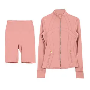 Women Fitness Yoga Set Stand Collar Long Sleeve Sports Top with Stretchy Shorts Workout Outfit for Gym