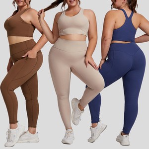 Buttery Soft Plus Size Seamless High Waist Yoga Set Women Slim Fit Breathable Leggings 2 Piece Set with Pockets Gym 3XL