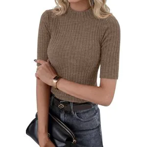 CustomMock Turtleneck Top Women Short Sleeve Knit Sweater Dark Coffee M Casual Autumn Wear
