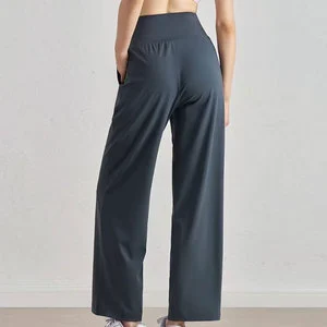 Women's Yoga Solid Spandex/Nylon Straight Pants Loose Fit Wide Leg High Waist Sweat-Wicking Tummy Control Long Trousers Custom