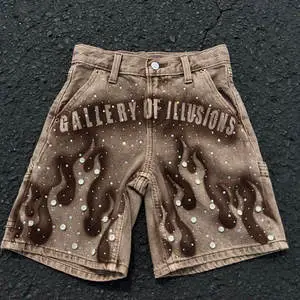High Waist Custom Distressed Sun Faded Acid Wash With Rhinestone And Custom Printing Baggy Oversized Denim Jeans Shorts Jorts