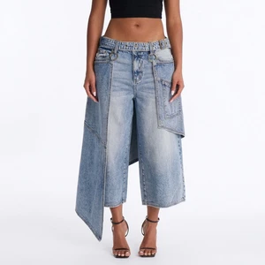 OEM/ODM Women's Skirt Overlay Wide Leg Jeans Low Waist Y2K Distressed Denim Pants Asymmetrical Hem Layered Design Vintage Wash