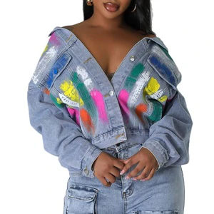 Custom Women's Printed Denim Jacket Streetwear Knitted Fabric Paint Design Summer Autumn Winter Ready Breathable Quick Dry