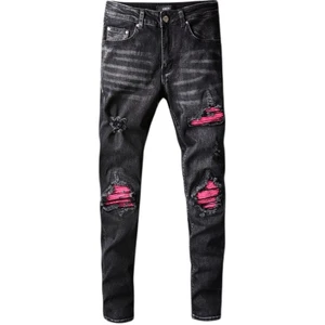 Customized Men's Destroyed Denim Skinny Jeans High Street OEM Print Pants Colored Wash Mid Distressed Holes for All 4 Seasons