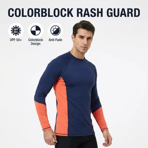 Custom Men Colorblock Long Sleeve Rash Guard UPF 50+ Anti-Fade 4-Way Stretch Eco-Friendly Quick Dry Surf Swim Top For Beach
