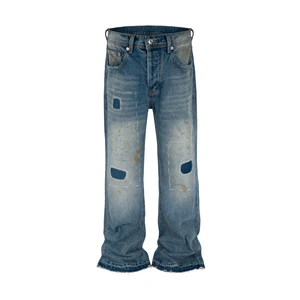 Custom Denim Jeans Manufacturer Vintage Blue Washed Hand Distressed Straight Leg Baggy Jeans Men