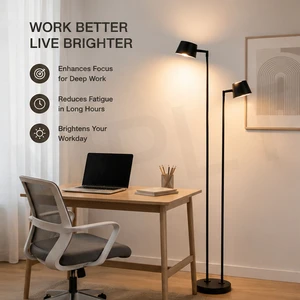 Cozy Reading Corner LED Floor Lamp With Dual Adjustable Heads Warm Light Dimmable Standing Lamp For Home Office