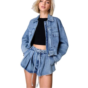 Women's Autumn Cargo Style Denim Jacket Suit for Women High Waisted Loose Fit Slimming Cropped 2 Piece Set Women Clothes